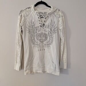 Affliction Womens Pullover Hoodie Sweatshirt MEDIUM Born Wild Lacey Arms Lace Up